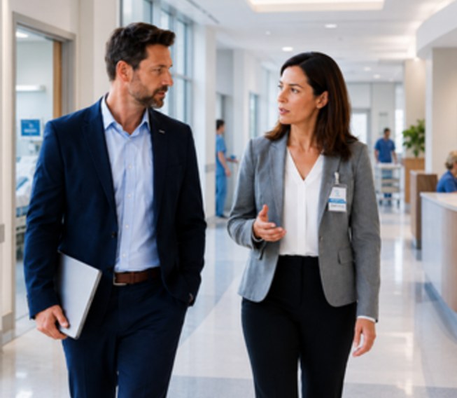A man carrying a laptop and a woman wearing a hospital badge walking and talking together down a bright hospital corridor