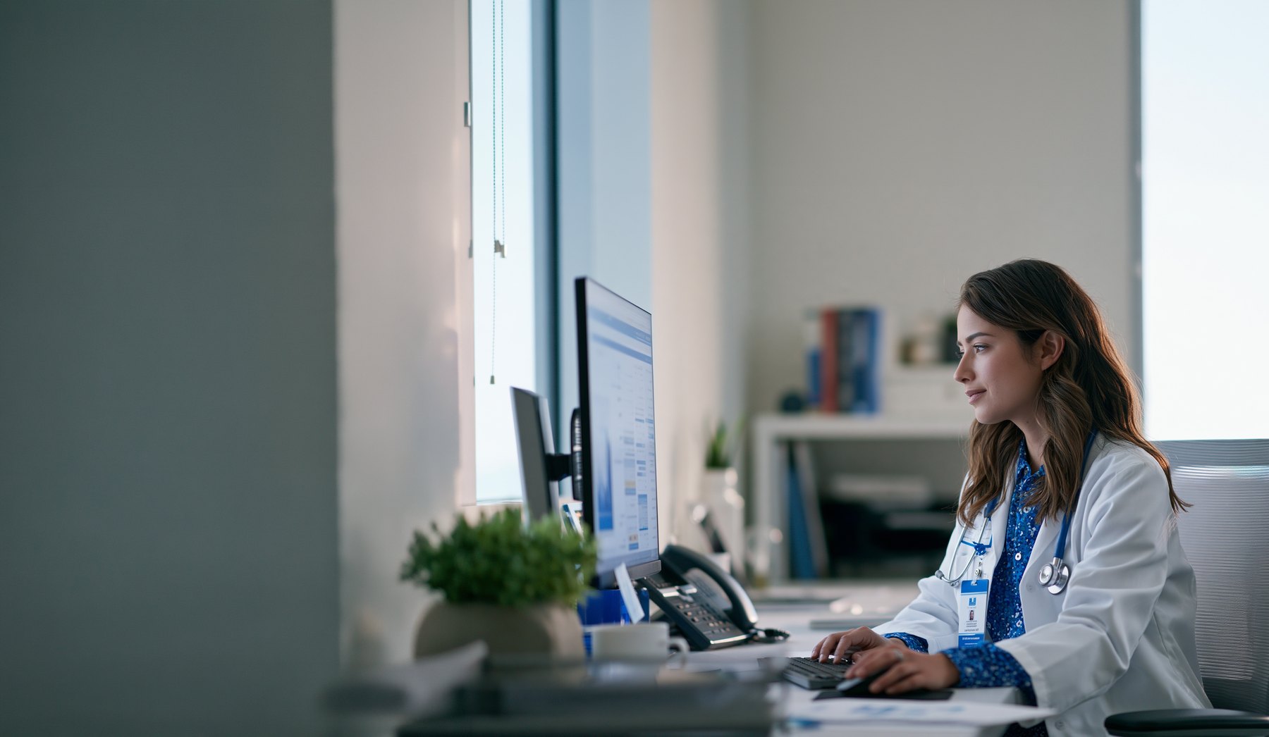 A clinician in a white coat at a workstation in a bright healthcare office