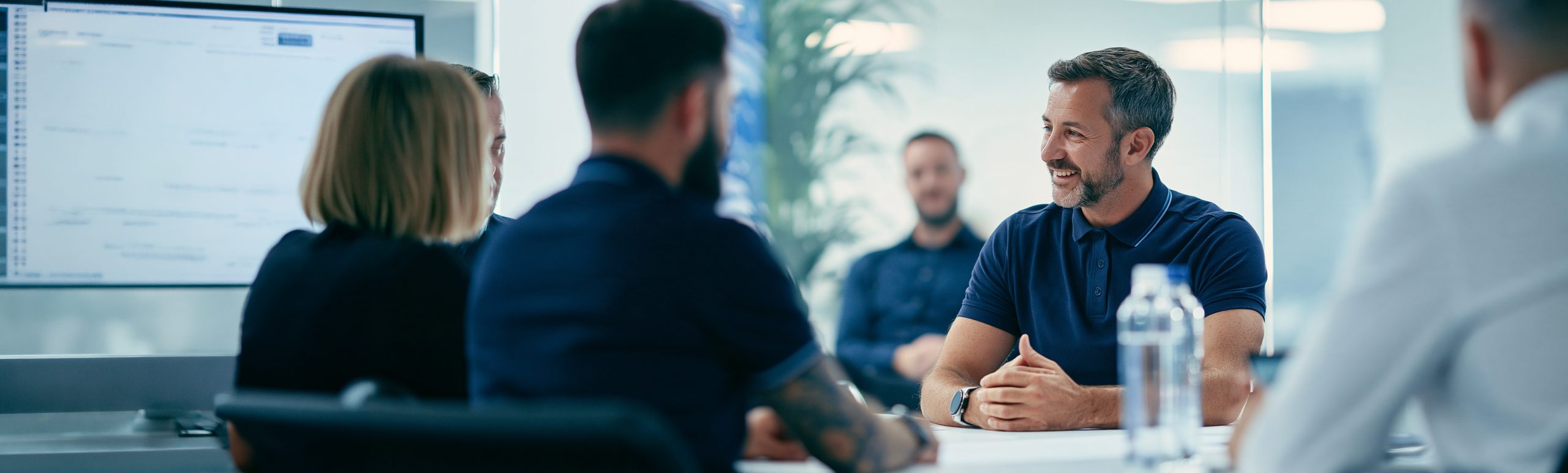 A team meeting in a bright office: a smiling man in a navy polo shirt talks with colleagues around the table
