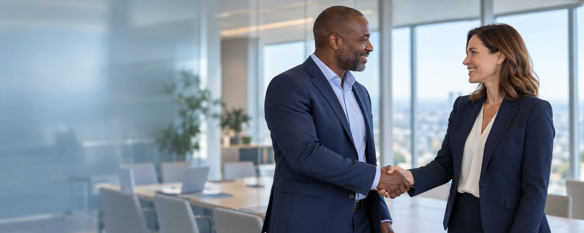 Two business professionals in navy suits smiling and shaking hands in a bright office with a city view