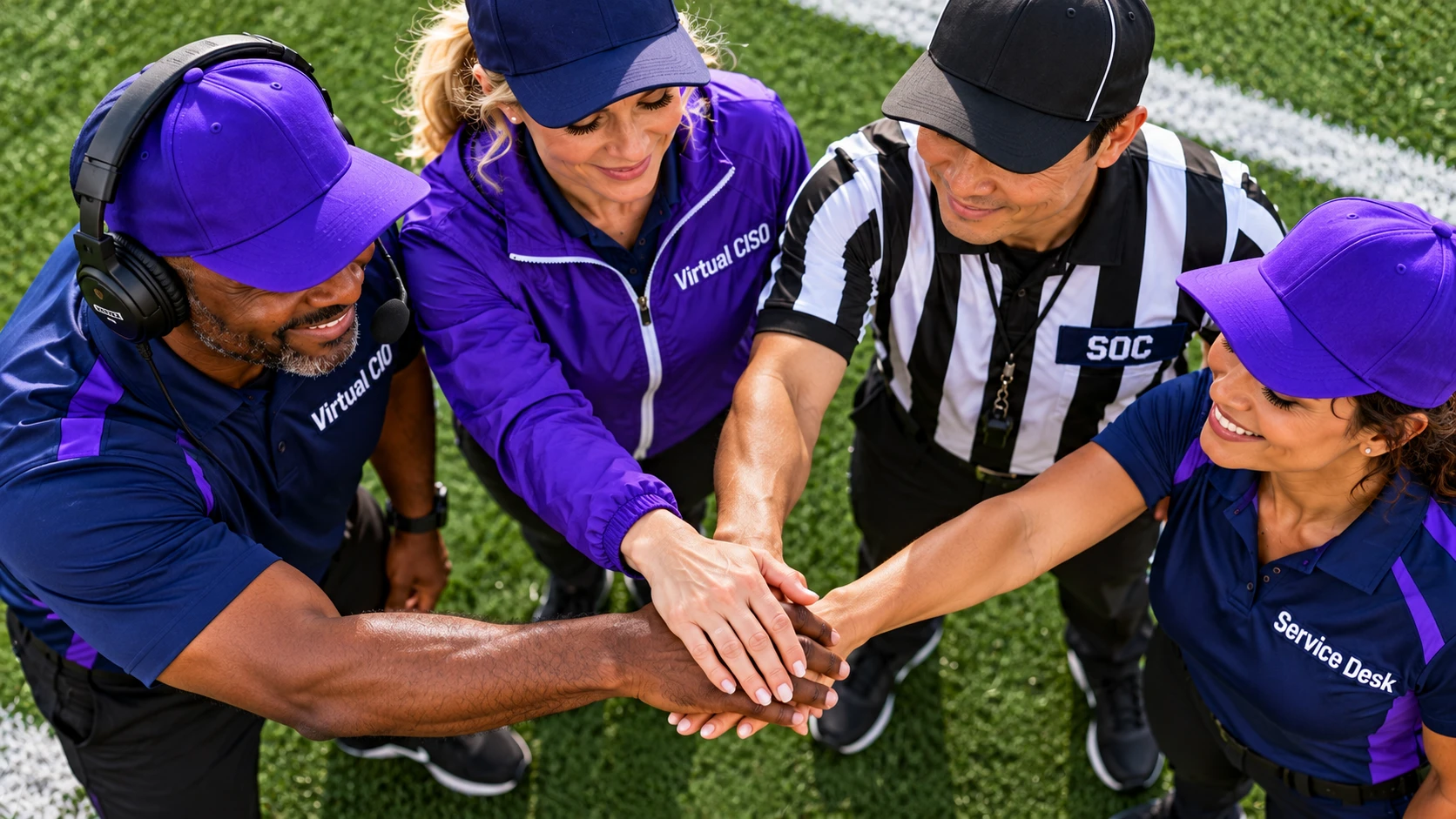 Four team members in purple and navy on a playing field, labelled Virtual CIO, Virtual CISO, SOC and Service Desk, joining hands in a huddle
